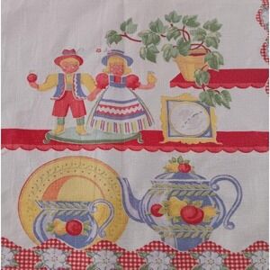 Printed Cotton Kitchen Dish Towel Red Fruit Flowers Kitschy Folk People